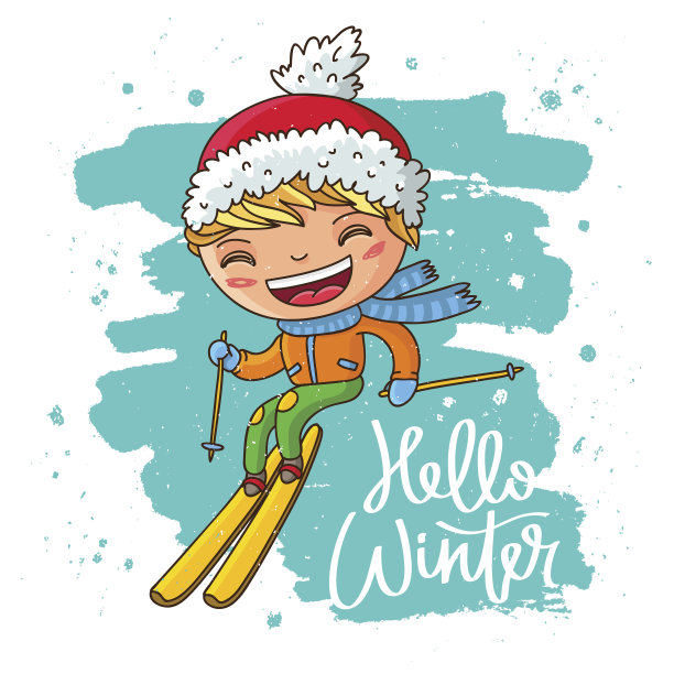 你好,冬天。快乐的男孩在滑雪图片下载
