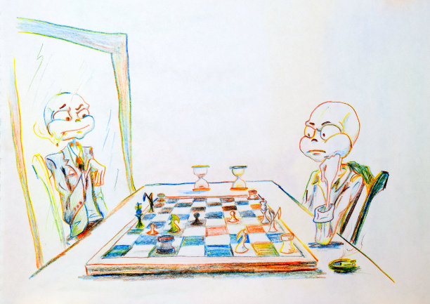 孤独的象征：大头畸形人在镜子里和自己下棋素材图片
