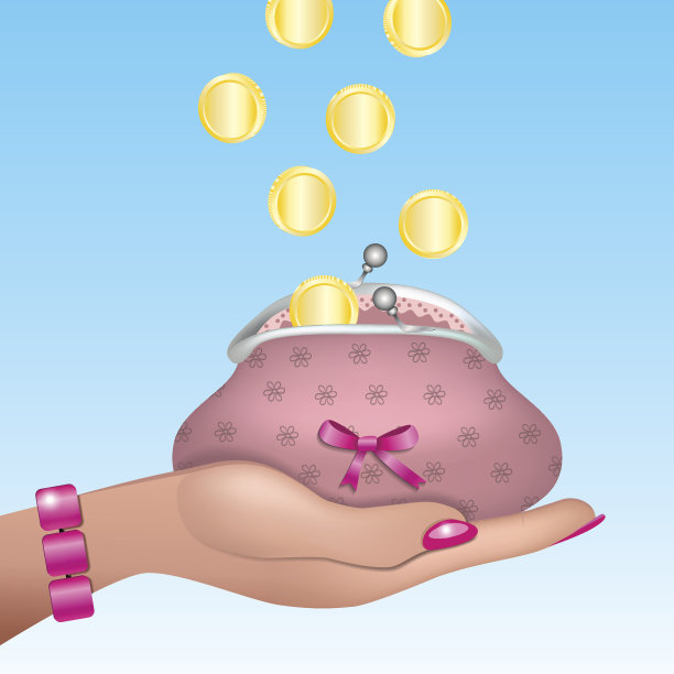 矢量女人手与复古钱包和雨硬币。图片下载