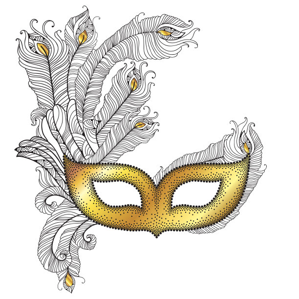 金色威尼斯狂欢节面具与孔雀羽毛隔离在白色。图片下载