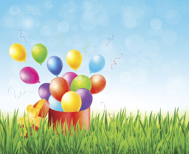 贺卡，礼品盒和彩色气球在草地上图片下载
