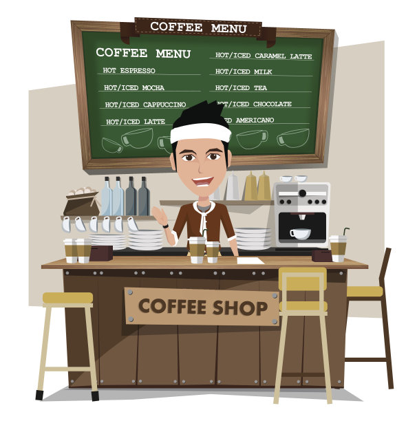 咖啡吧和咖啡师。平面插画风格。每股收益10向量。图片下载
