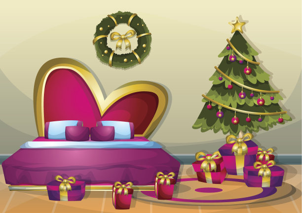 卡通矢量插图内部圣诞房间与分离的层图片下载