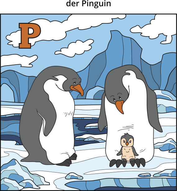 德语字母表，字母P(企鹅和背景)图片下载