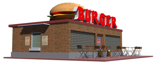 3d快餐汉堡餐厅建筑孤立的白色背景图片下载