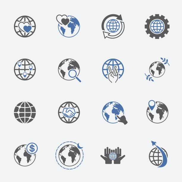 两色调全球和世界标志图标集。vector.illustration。图片下载