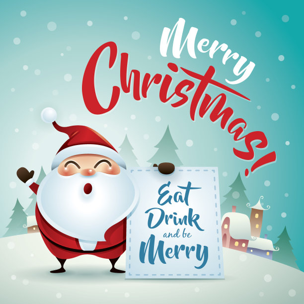 圣诞快乐!圣诞老人在圣诞雪景。圣诞贺卡。图片下载