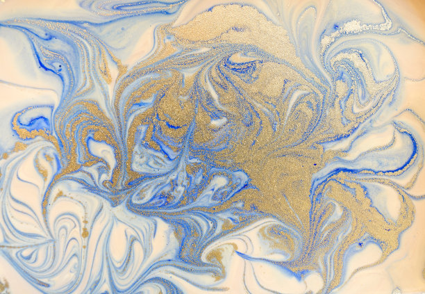 蓝色和金色的液体质地。水彩手绘大理石花纹插图。墨水大理石背景。图片下载