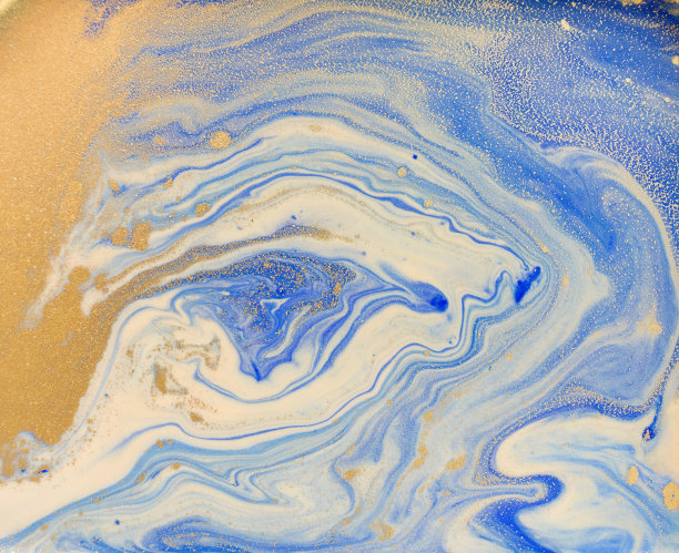 蓝色和金色的液体质地。水彩手绘大理石花纹插图。墨水大理石背景。图片下载