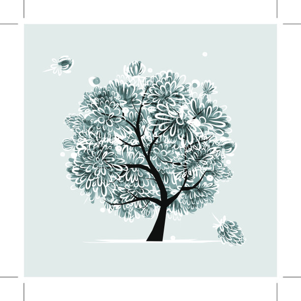 带有冰冻花朵的冬季树木设计素材图片下载