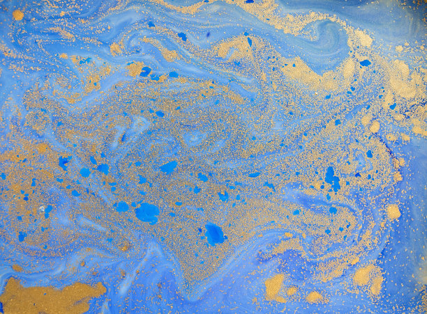 蓝色和金色的液体质地。水彩手绘大理石花纹插图。墨水大理石背景。图片下载