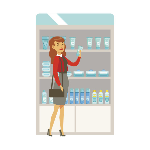 红色上衣的女人在药店选购药品和化妆品，药剂师和客户的药店场景的一部分图片下载