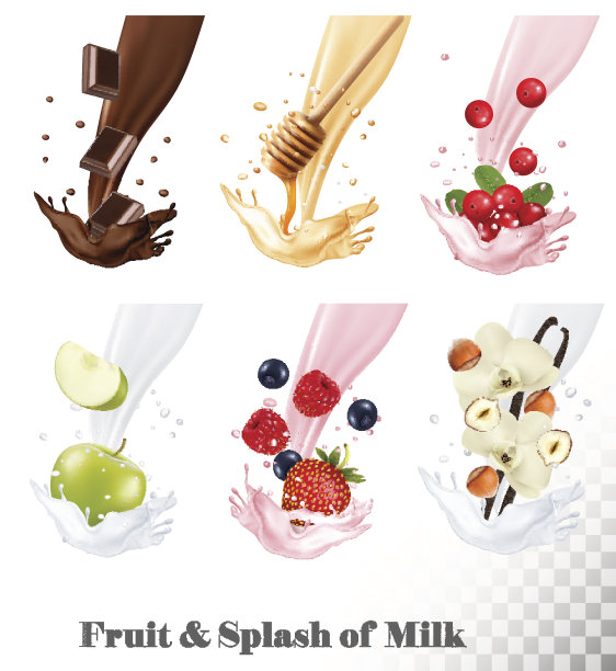 大量的水果和浆果在牛奶溅。树莓,图片下载
