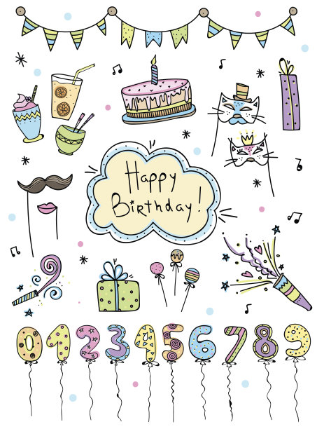 手绘集生日元素。蛋糕、气球、节日物品。剪贴簿图片下载