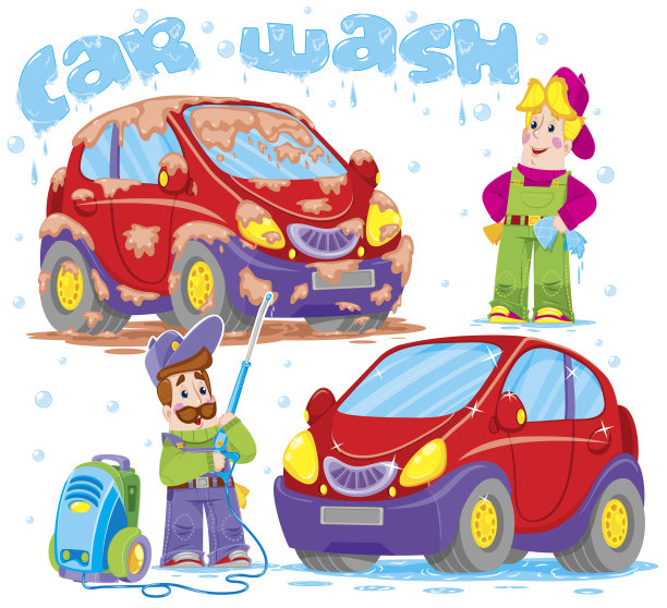这套图像是一个专业洗车。快乐的清洁工会帮你清除车上的灰尘。向量。图片下载