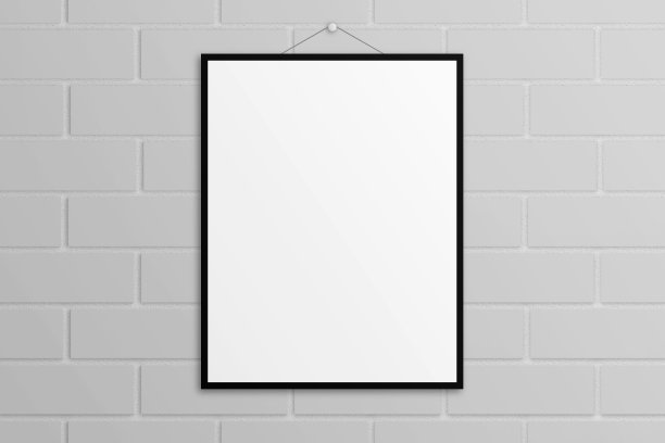 白色3D插图海报模型与黑色框架砖墙图片下载