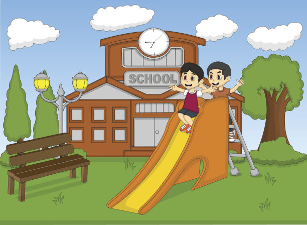 孩子们在学校的卡通片上玩滑梯图片下载