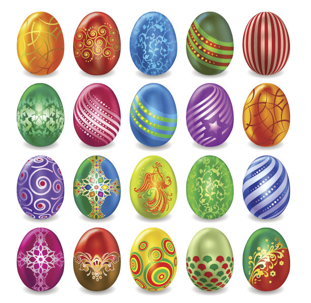 一套不同颜色的复活节彩蛋，上面有图案。图片下载
