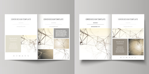 商业模板双折叠小册子，杂志，传单。封面设计模板，矢量布局A4大小。技术、科学、医学概念。金色的点线，数码风格。行神经丛图片下载