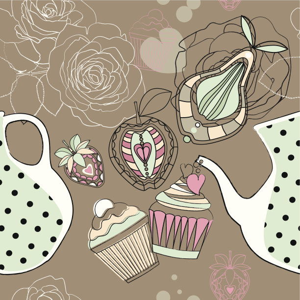 无缝背景装饰茶，水果和蛋糕。素材图片