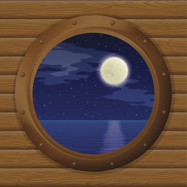 夜晚大海在一艘船的窗口图片下载