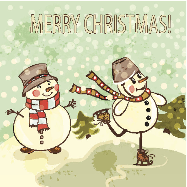 圣诞卡与雪人在复古风格图片下载