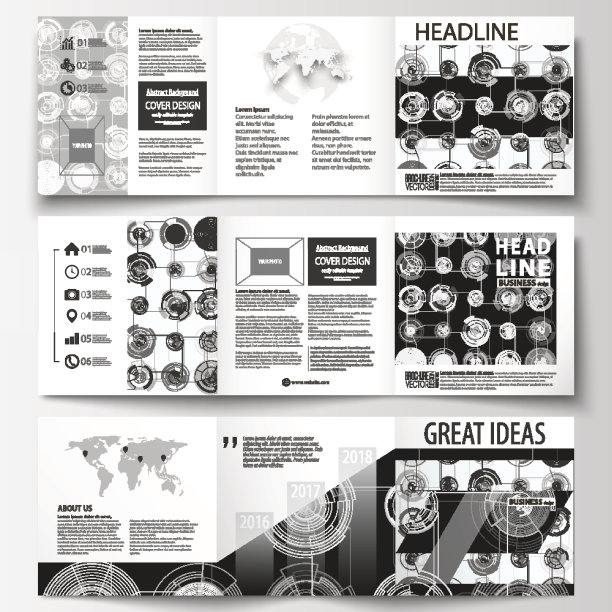 业务模板的方三折小册子。单张封面，平面布局，易于编辑矢量。高科技设计，连接系统。科学技术理念。未来的抽象背景图片下载