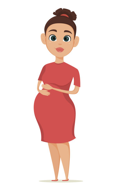 穿着红裙子的可爱孕妇。怀孕是每个女人一生中最幸福的时光。卡通人物。矢量插图。素材图片