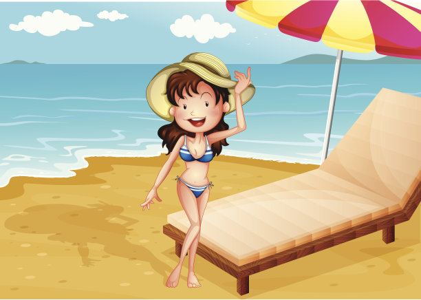 和一个女孩在沙滩上放松的床图片下载