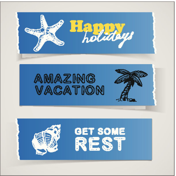 一套蓝色横幅度假素描插图图片下载