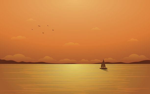 夕阳下的大海中，帆船的剪影图片下载