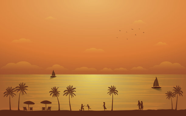 夕阳下的海滩上，棕榈树和家人的剪影图片下载