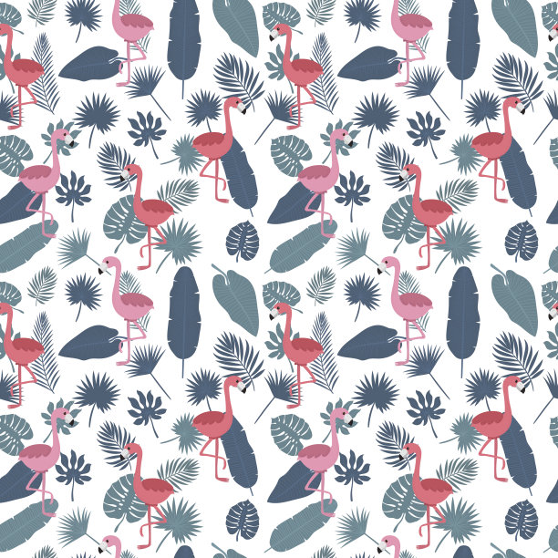 热带无缝图案，粉红色火烈鸟和棕榈叶。时尚的背景图片下载