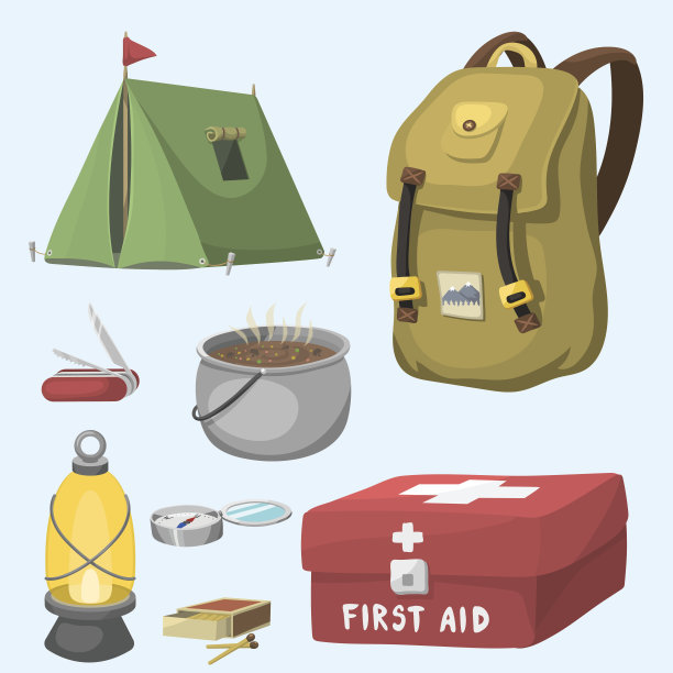 徒步露营装备基地露营装备和配件户外卡通旅行矢量插图图片下载