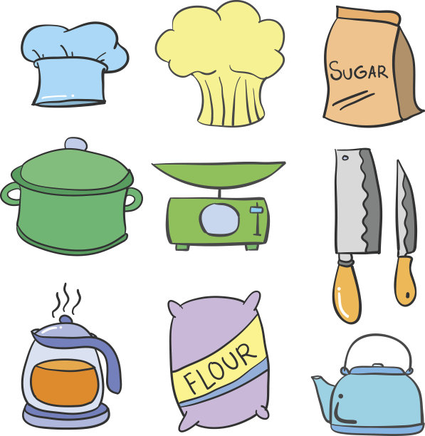 厨房物体涂鸦各种矢量插图图片下载