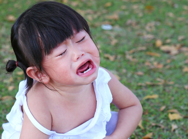 特写可爱的小女孩在公园里哭泣。图片下载