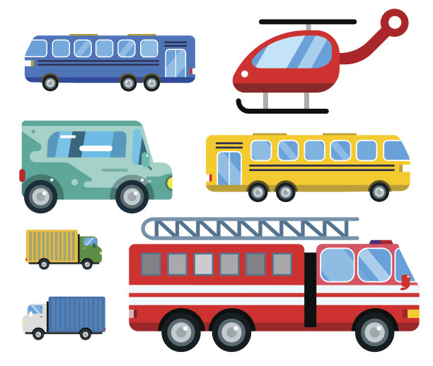 运输交付矢量孤立白色运输轿车客车货车消防车直升机剪影图标商务物流运输集图片下载