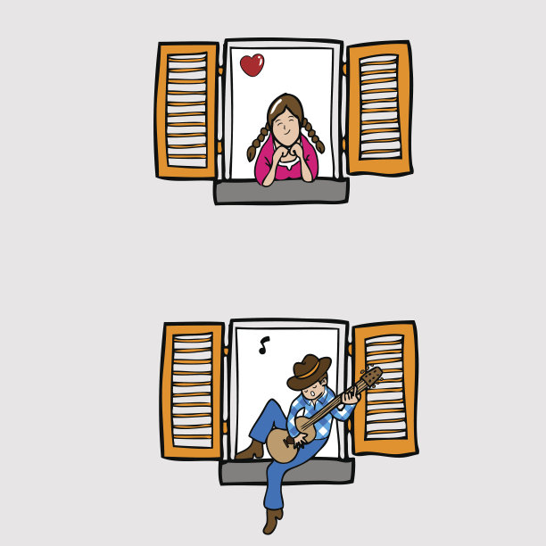 男孩给隔壁窗边的女孩弹吉他图片下载