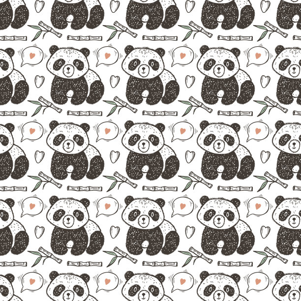 可爱的熊猫宝宝与竹子矢量无缝模式。无尽的熊猫壁纸。手绘涂鸦有趣的黑白熊。背景的孩子。素材图片