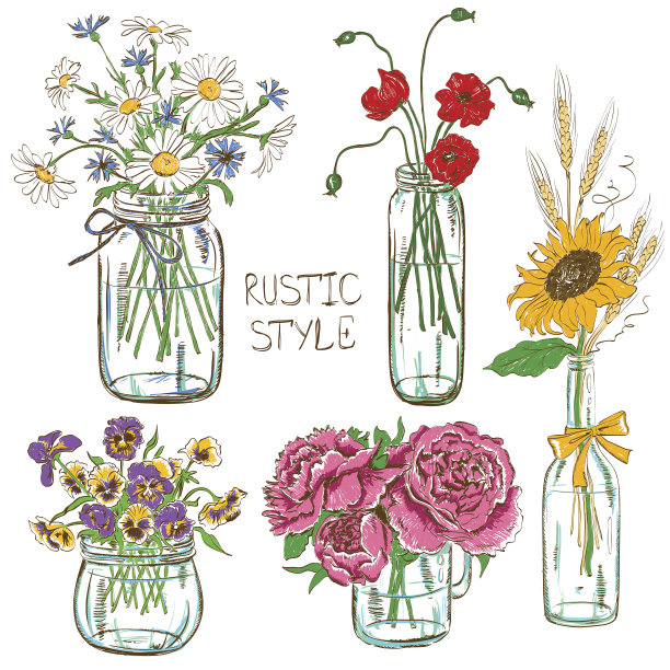 一套盛满鲜花的玻璃瓶图片下载