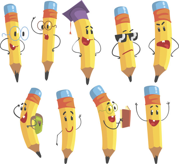 可爱的人性化铅笔人物与胳膊和脸的表情符号插图集图片下载
