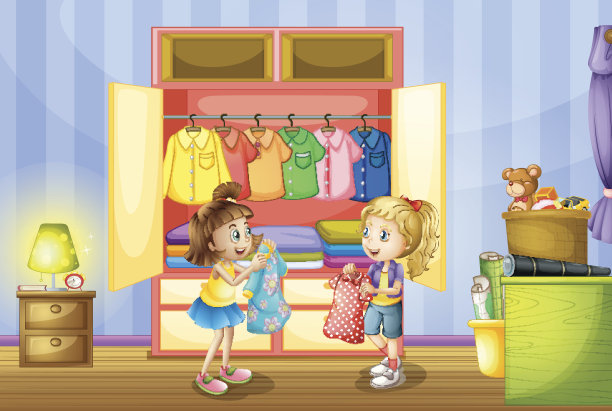 两个女孩在衣柜里挑选衣服图片下载
