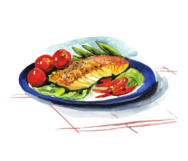 水彩手绘插图与鱼盘。图片下载