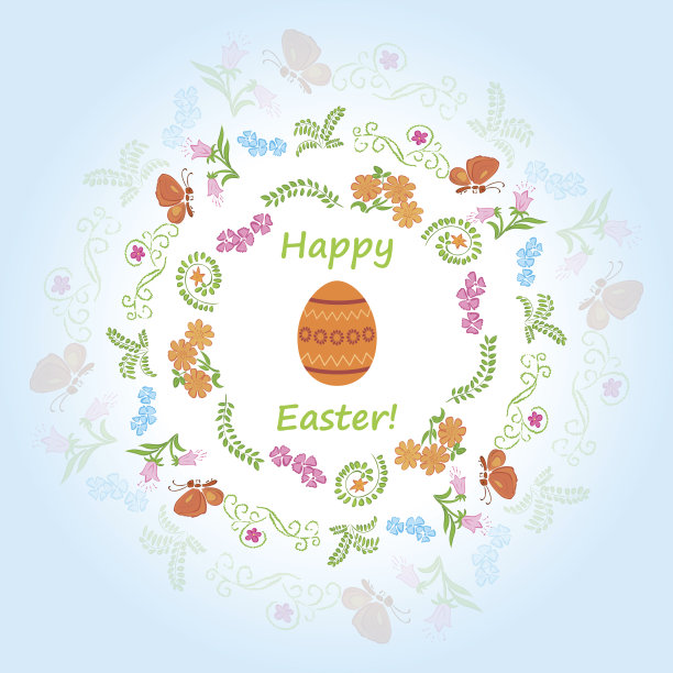 蓝色背景与花卉框架和蛋快乐复活节图片下载