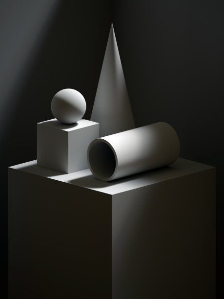 3d渲染，雕塑原始形状，简单的艺术块，锥，球，圆柱体，立方体，古典艺术，戏剧性的光影图片下载