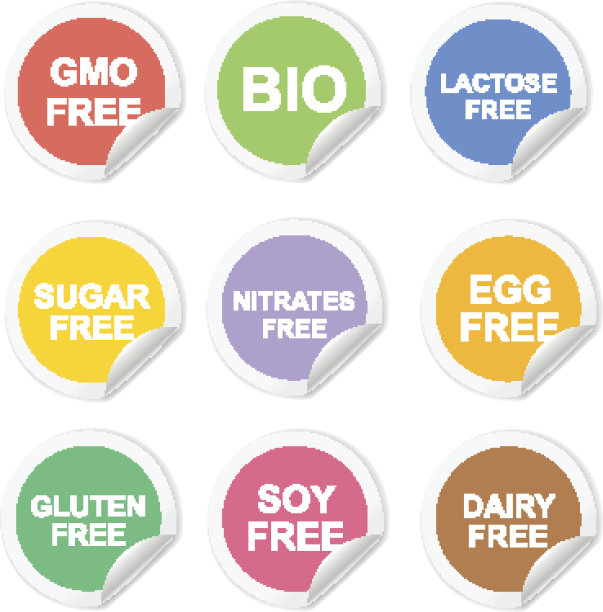 矢量食物饮食标签图标设置。谷蛋白糖，不含转基因，图片下载