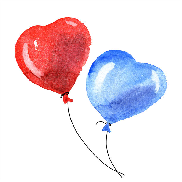 水彩手画蓝色和红色气球孤立在白色的背景图片下载