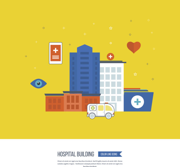 矢量插图概念的医疗保健，医疗帮助，医院建筑。救护车。图片下载