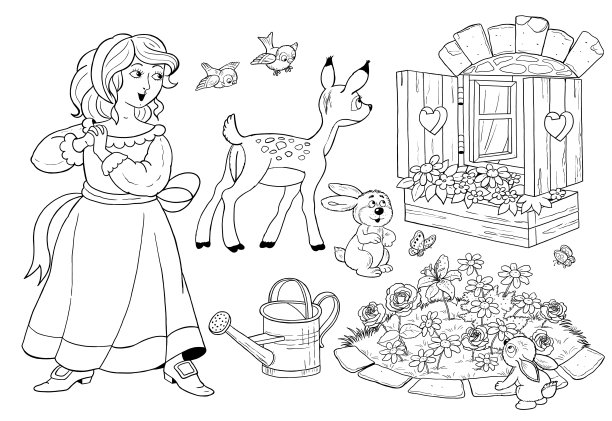 白雪公主和七个小矮人。童话故事。着色页面。彩色的书。对儿童插图。可爱和有趣的卡通人物图片下载