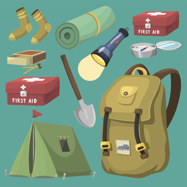 徒步露营装备基地露营装备和配件户外卡通旅行矢量插图图片下载